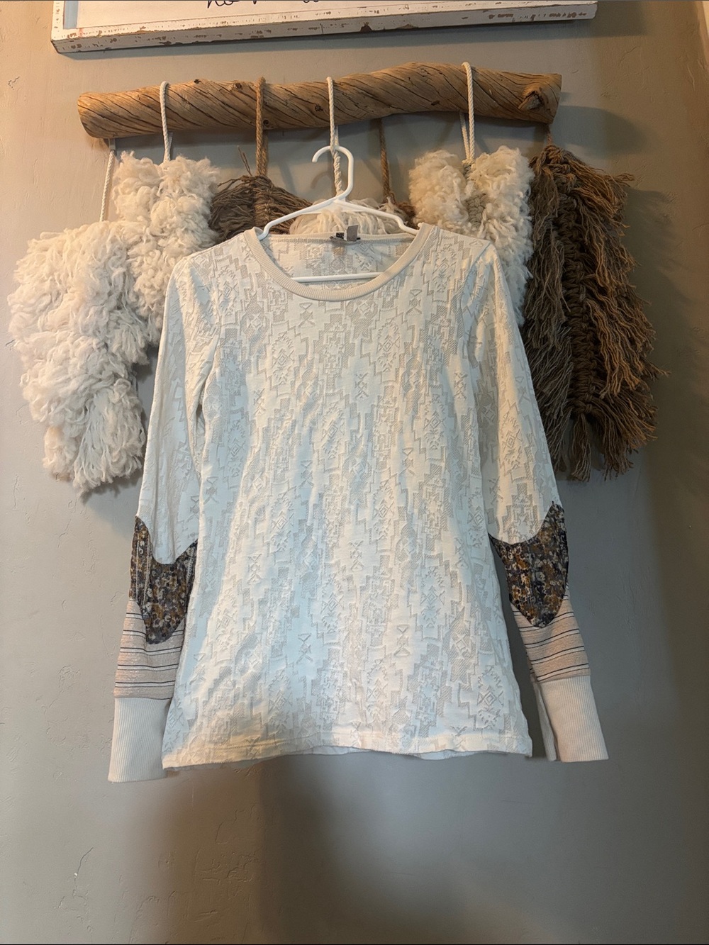 BKE Cream Lace-Textured Long Sleeve Top with Patterned Elbow Patches